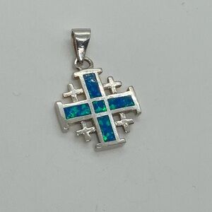 925 Sterling Silver & Synthetic Blue Opal Jerusalem Cross Pendant